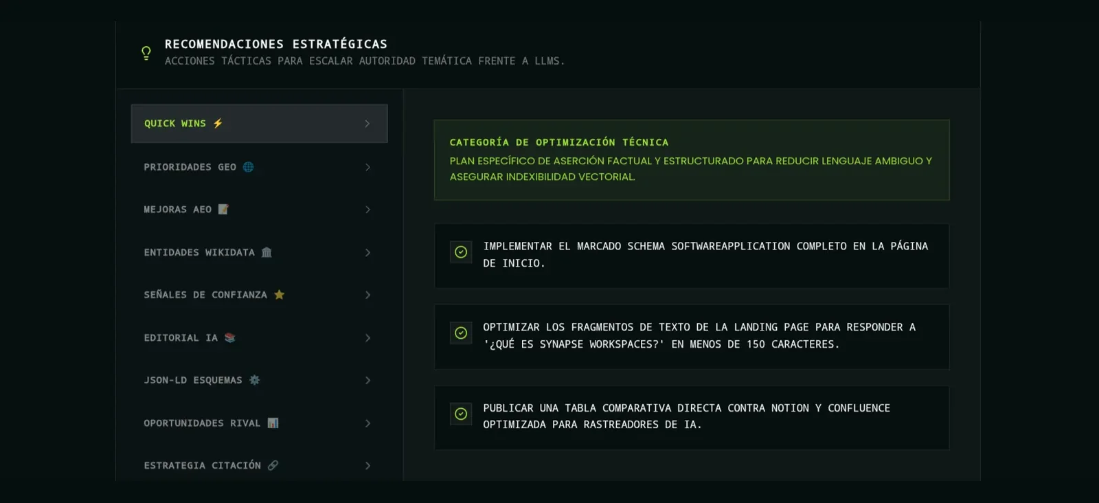Recomendaciones estratégicas accionables para optimización AEO/GEO